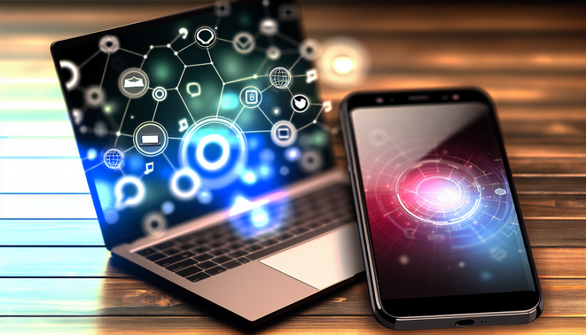 alt_text: Couverture dynamique pour un guide de marketing digital, avec laptop, smartphone et icônes sociales.